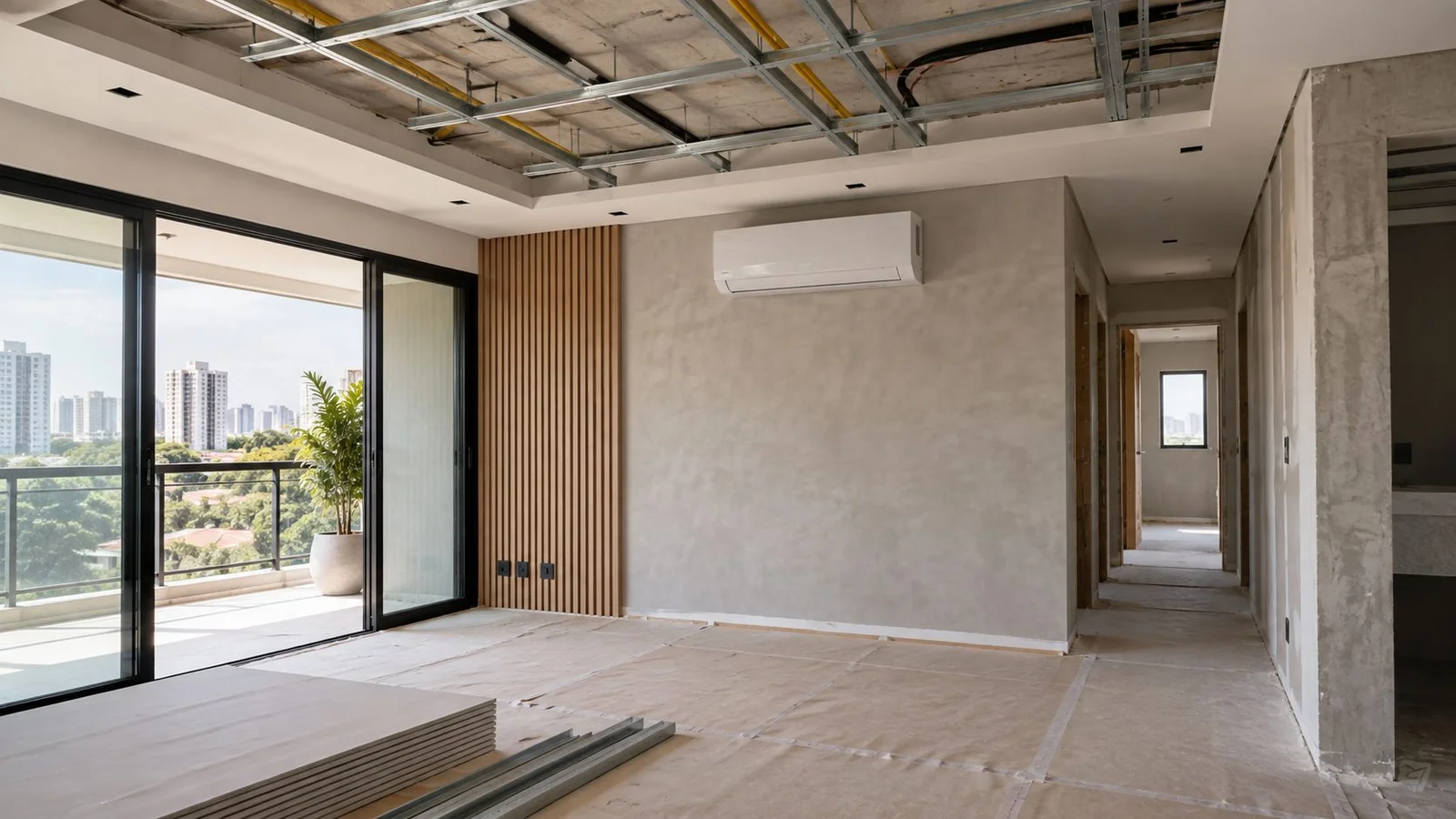 Ambiente residencial em reforma usado como ilustração conceitual do planejamento de climatização