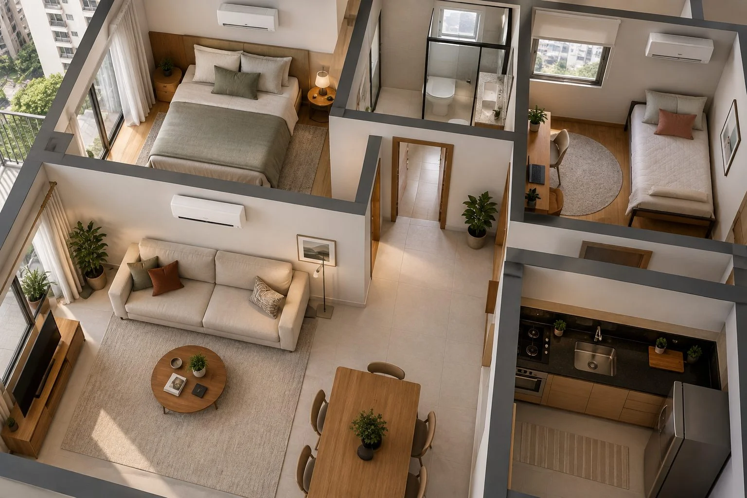 Vista arquitetônica conceitual de apartamento com vários ambientes climatizados